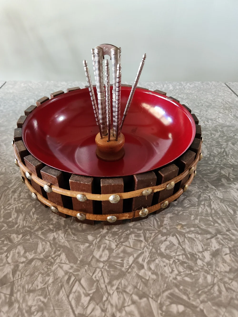 Vintage Source Unknown Red Enamel Nut Bowl with Wooden Rim and Metal Picks